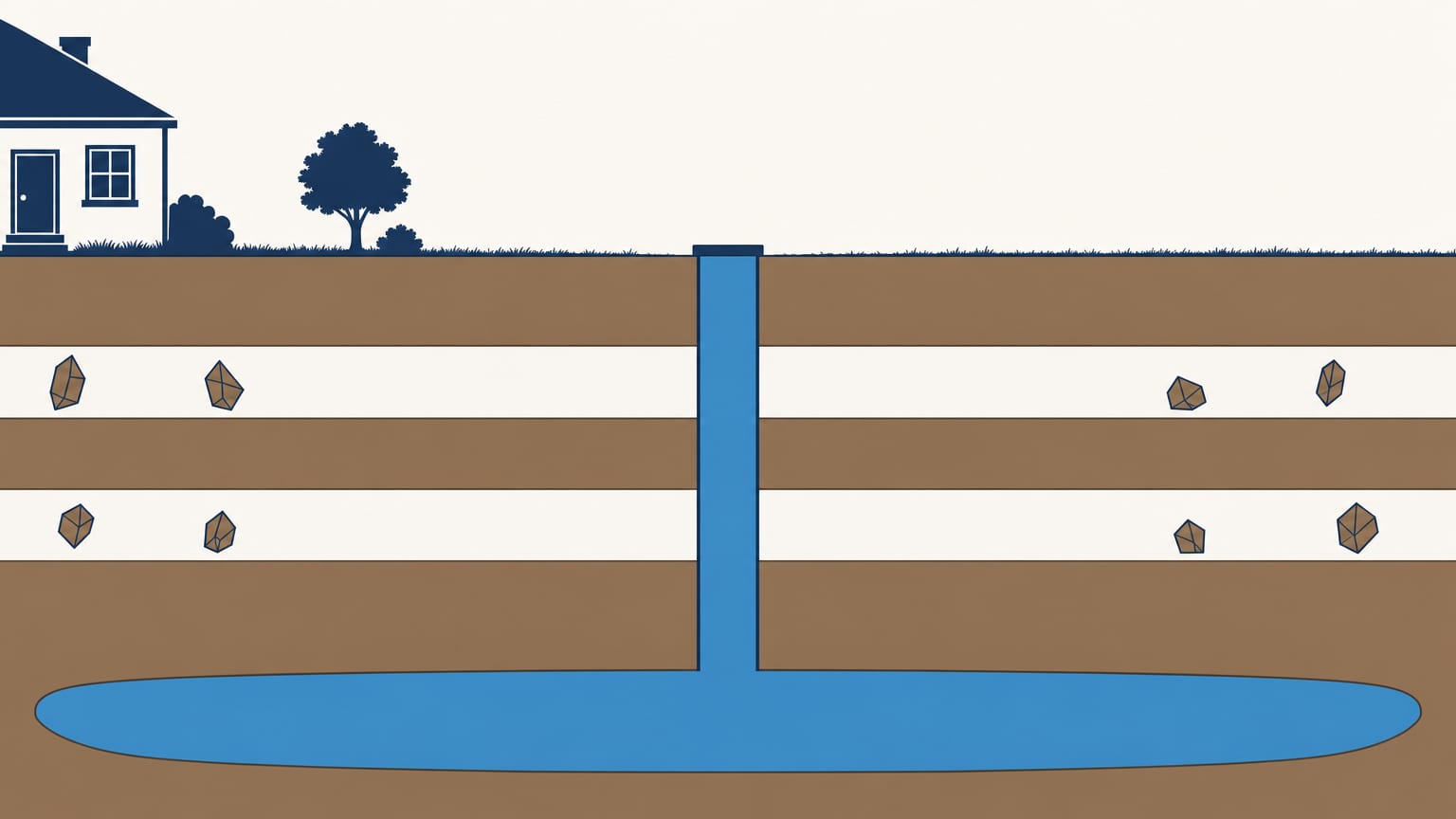 Cutaway of layered ground with crystal shapes in two pale bands, and a capped well casing opening into a body of blue water
