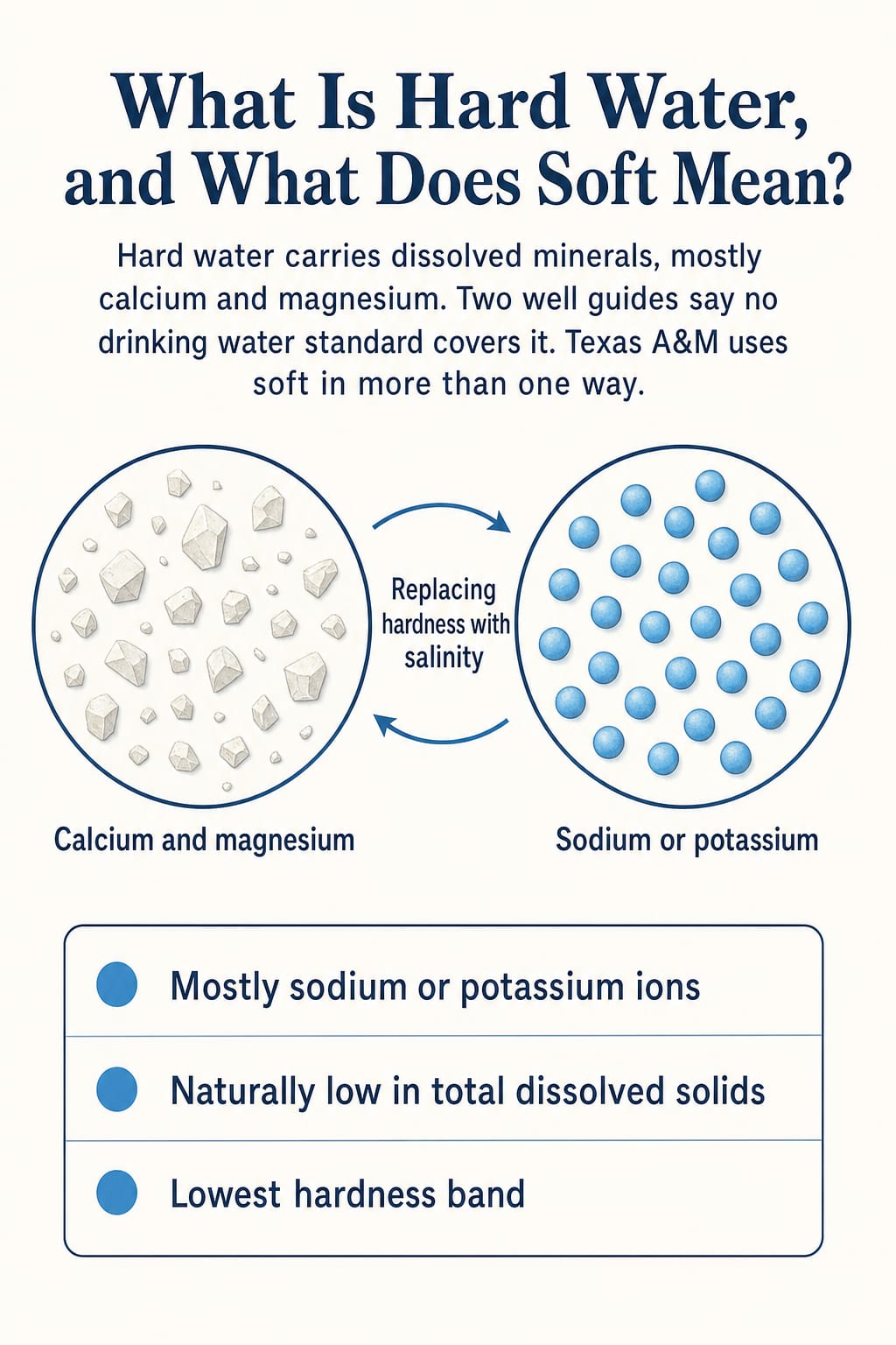 Circle of calcium and magnesium crystals and circle of sodium or potassium beads joined by curved swap arrows, above a boxed list of three lines