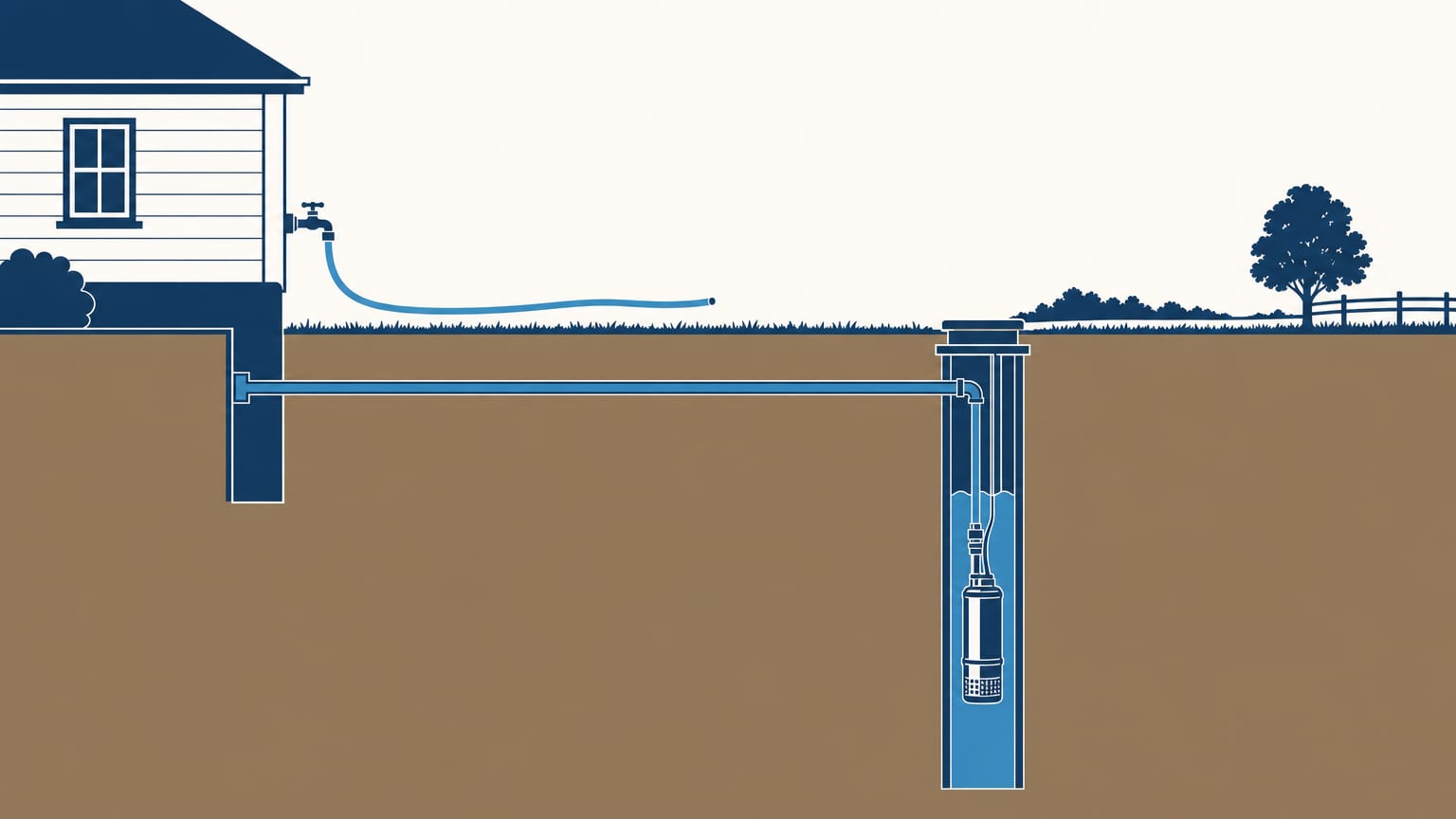 Cutaway of a drilled well and pump feeding a house, with a garden hose from an outside faucet running across the lawn