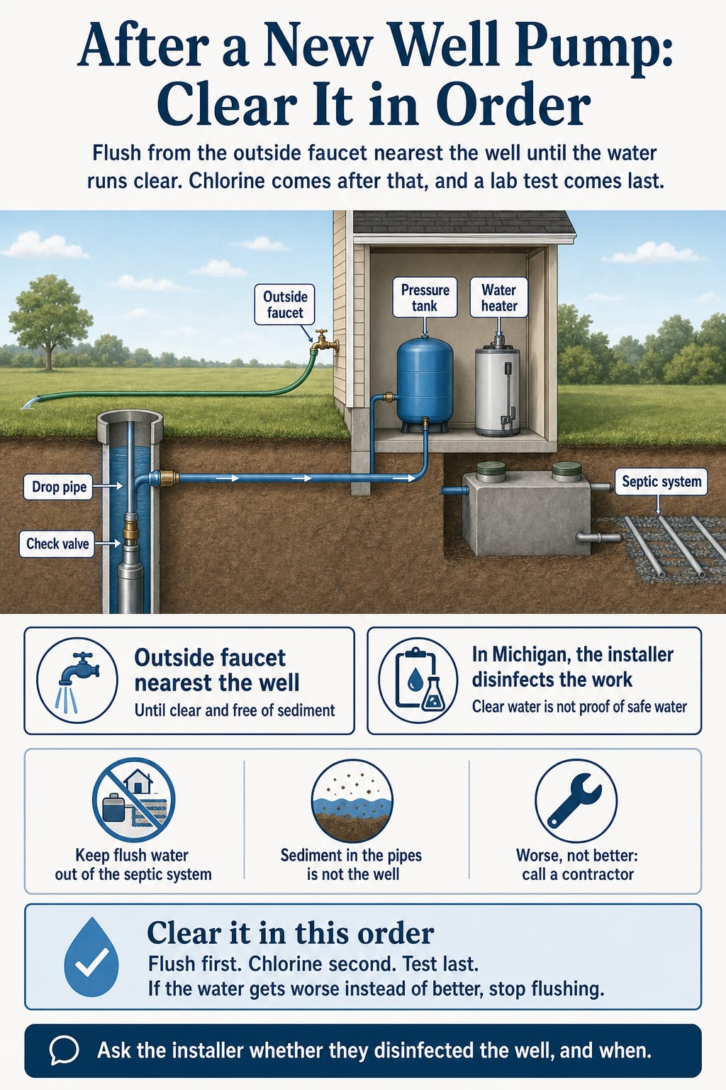 Labeled cutaway of a well pump on its drop pipe feeding a house, with the flush hose on the outside faucet running away from the septic system