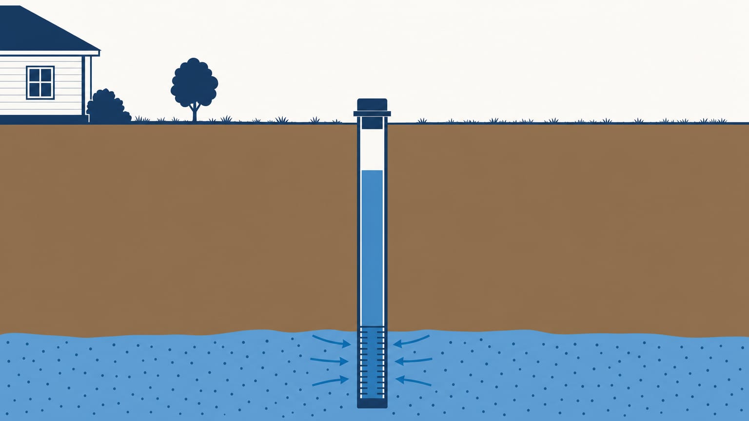 Cutaway of a drilled well passing through a clay layer into water-bearing sand, with the water in the casing standing high