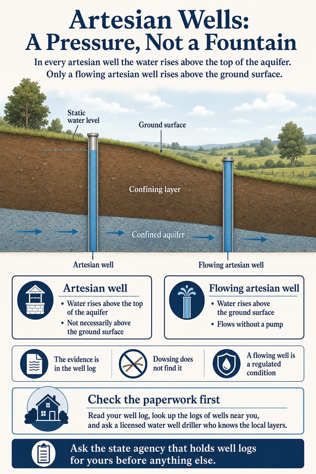 Labeled cutaway of a confining layer over a confined aquifer, with one artesian well whose water stops below ground and one flowing artesian well