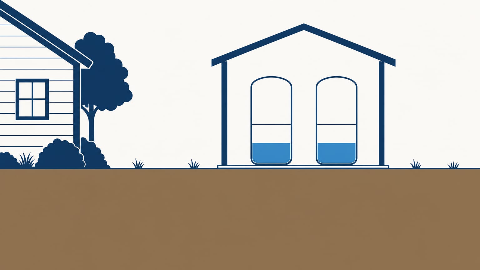 Cutaway of two identical upright pressure tanks side by side in a small gabled shelter at ground level, low water in each