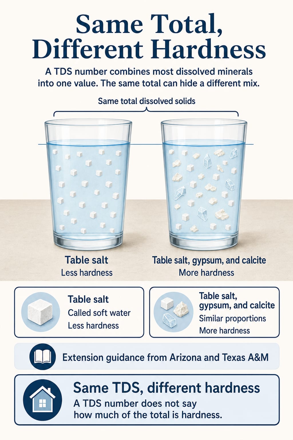 Two matching glasses, same total dissolved solids: table salt only, less hardness; table salt, gypsum, calcite, more hardness