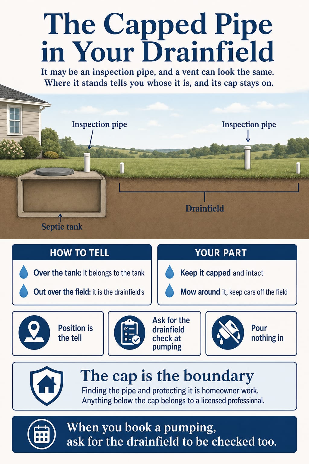 Labeled cutaway of a septic tank with its own narrow pipe near the house, and a capped inspection pipe standing in the lawn over the drainfield