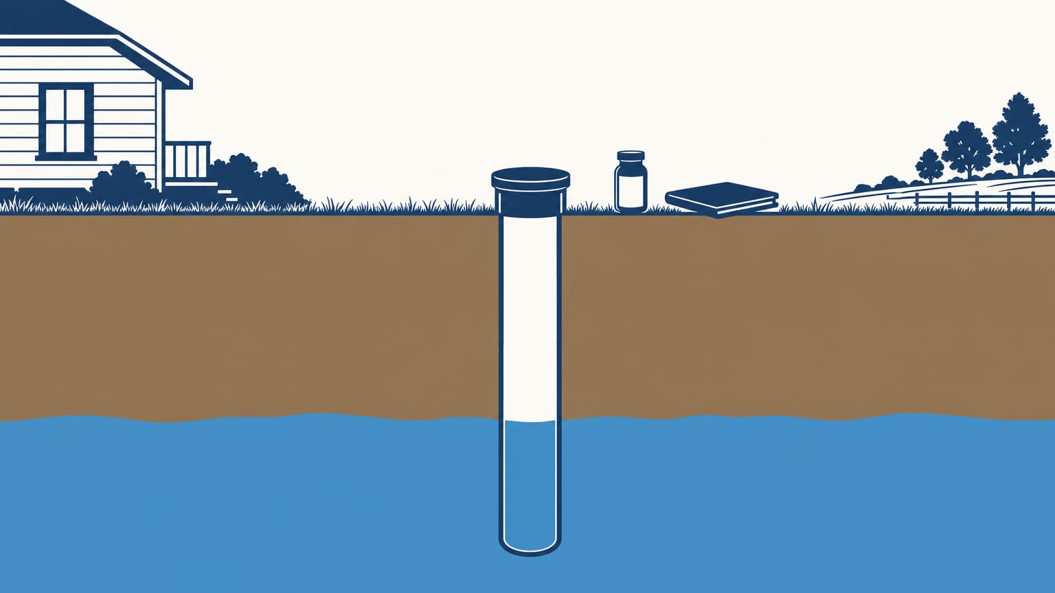Cutaway of a capped private well casing reaching the water table below a lawn, with a small bottle and a folder at grade