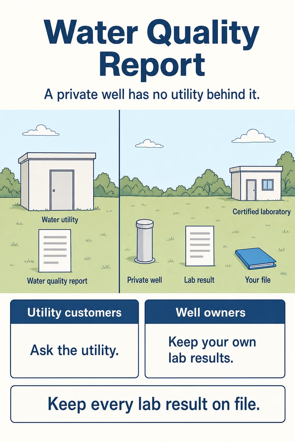 Two scenes: a water utility and its report, then a private well, certified laboratory, lab result and file, plus two tips