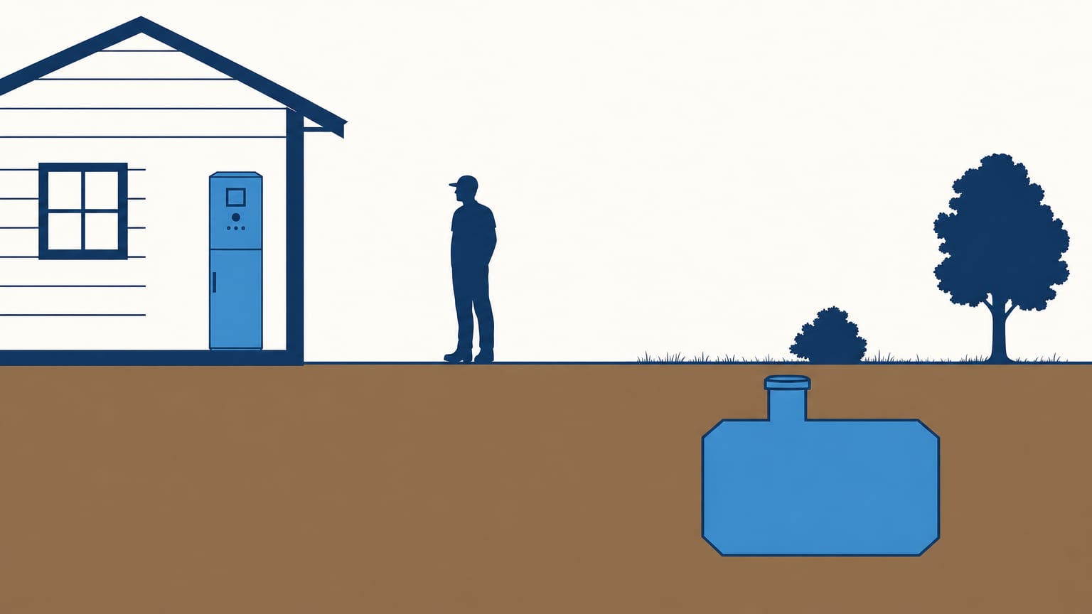 House corner with a tall blue water treatment cabinet by a window, a figure in the yard, and a buried septic tank